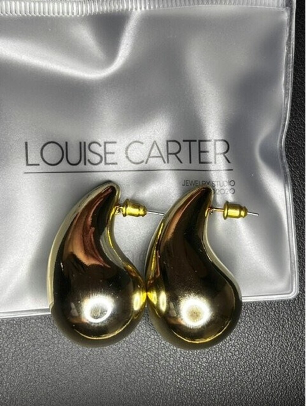 B7118 LOUISE CARTER Large Statement Puffy Teardrop Dome Gold Tone 44mm Earrings